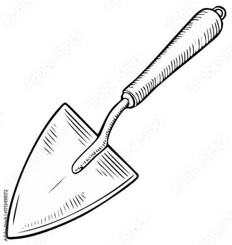 Hand-Drawn Garden Trowel Illustration with Shading and Grooved Grip for Gardening and Planting Tasks