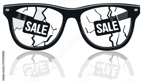 Stylish black frame glasses with cracked lenses and SALE tags reflection