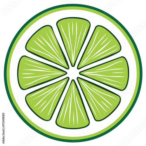 Graphic illustration of a bright green lime slice with radiating segments and thick green border, a refreshing citrus fruit symbol