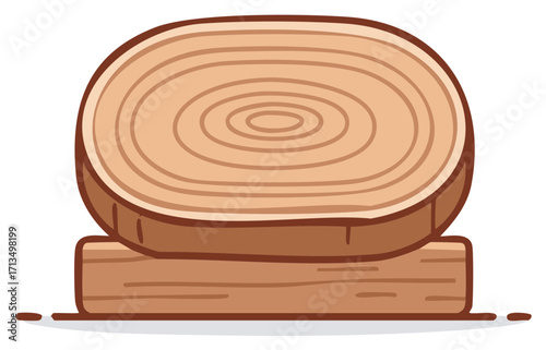 Stylized natural wood slice with distinct annual rings stacked on a rustic timber block base