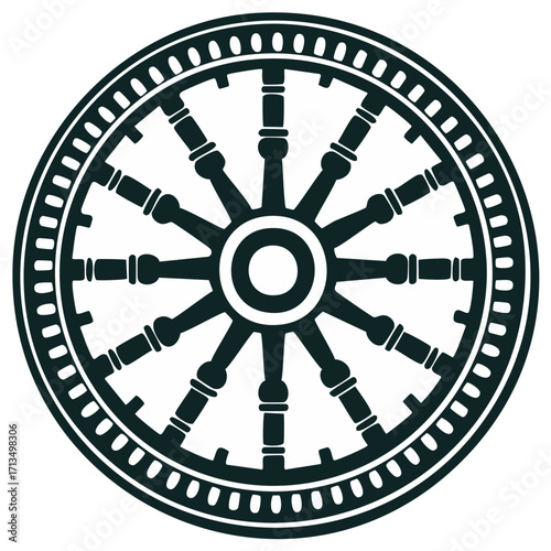 Dark Dharma Wheel Symbol with Intricate Spokes and Outer Ring Decoration