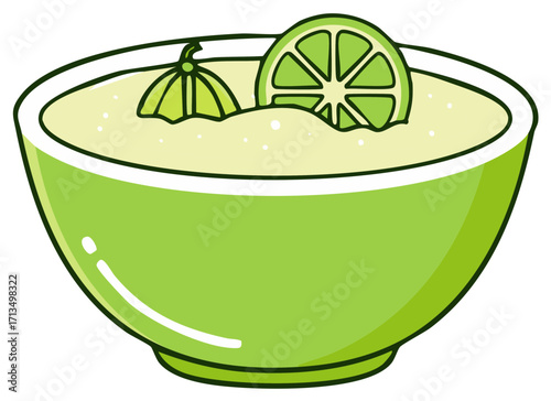 Cartoon illustration of a bowl of lime soup or dip with a fresh garnish