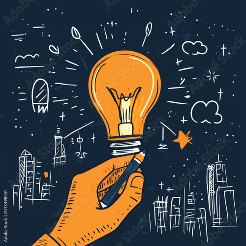 A close-up of a hand writing down unique ideas and goals for a business innovation strategy. , vector style simple color