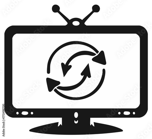Television screen displays a circular arrow refresh or recycle icon