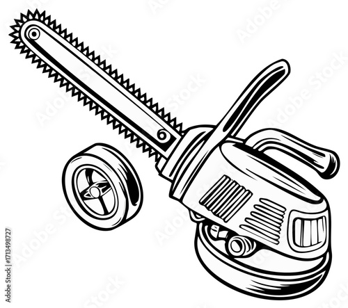 Illustration of Chainsaw and Circular Saw, Industrial Tools Outlined in Black and White, Construction and Repair Equipment