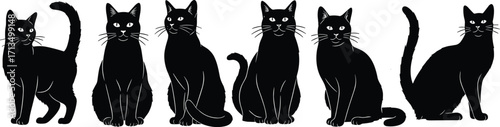 Black cat silhouette vector collection, sitting and standing feline poses, pet illustration, domestic cat graphic, animal icon, Halloween design, nature art