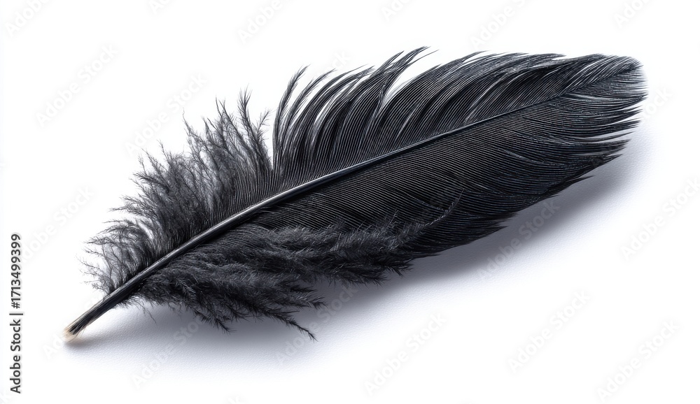 Obraz premium Black Feather on White Background Close up