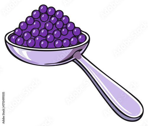Cartoon spoon full of purple tapioca boba pearls for a bubble tea drink topping