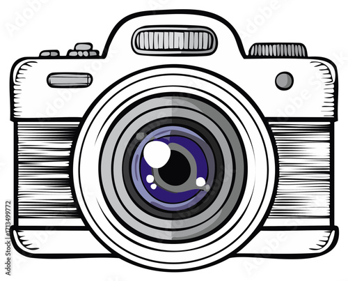 Hand Drawn Retro Photo Camera with a Blue Lens Vector Illustration