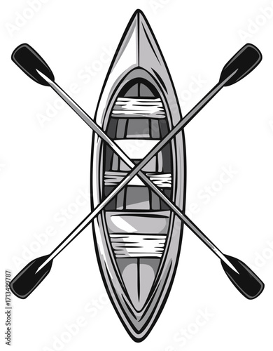 Overhead vector illustration of a classic canoe with two crossed paddles, symbolizing adventure and water sports