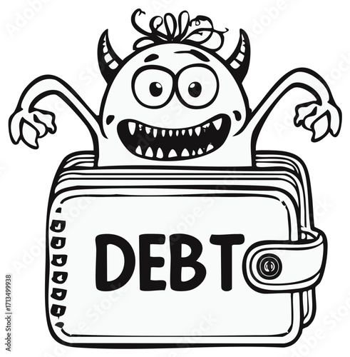Cartoon monster with wallet illustration showing the word DEBT.