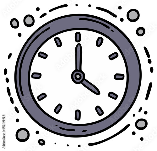 Simple cartoon clock face with hands pointing to time and dashed lines around it