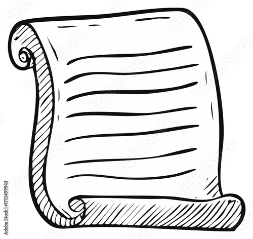 Hand drawn ancient scroll with writing and rolled edges isolated on white