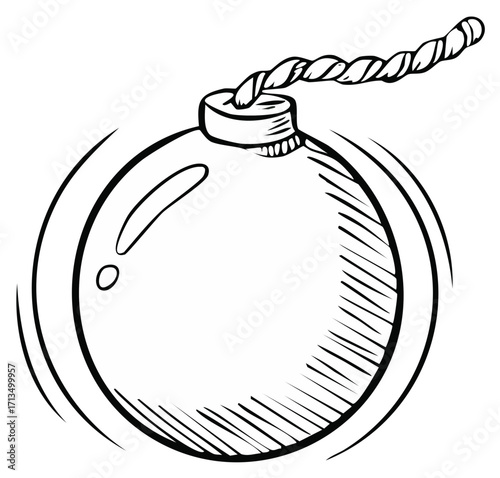 Cartoon round bomb with fuse illustration. Black and white vector line art, sketch, drawing.