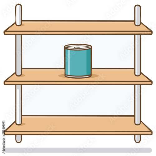 Cartoon illustration of wooden shelves with a can on the center shelf. Simple pantry storage.