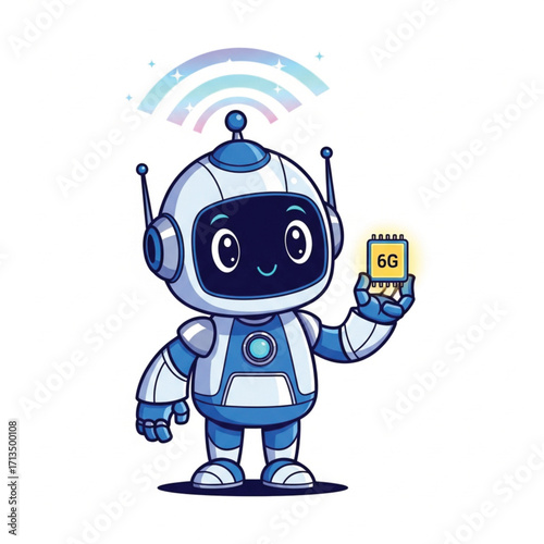 A friendly, cartoon robot in light blue and white armor stands holding a 6G chip. EPS Vector