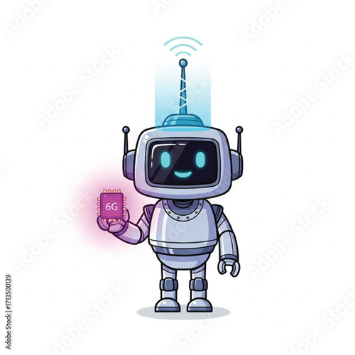 Cute Robot Holding 6G Chip, Illustrative Technology Concept. EPS Vector