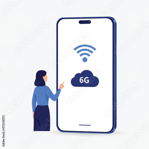 A stylized illustration of a woman looking at and pointing to a smartphone displaying a 6G network symbol. EPS Vector