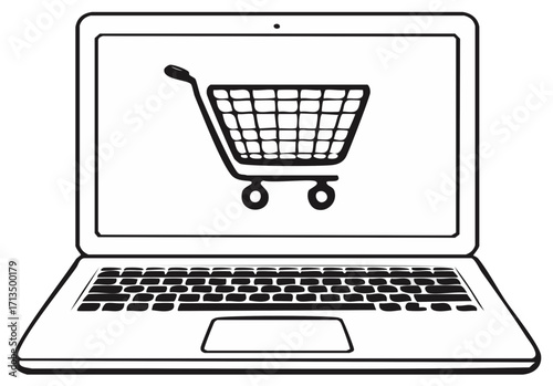 Laptop computer with shopping cart symbol for online retail purchasing