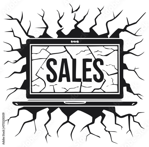 Laptop with Cracks Showing Sales Message Revealing Breaking Deals and Price Reductions Announcement