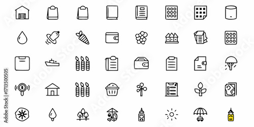 Collection of  Diverse hand-drawn icons represent business, nature, and everyday objects for creative projects