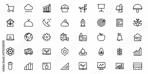 Collection of  Diverse Hand-Drawn Icons Representing Business Growth, Technology, Nature, and Daily Life Concepts