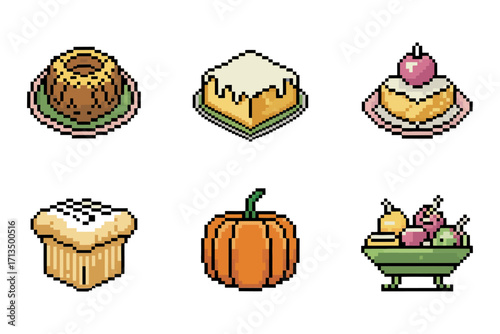 Pixel bakery food set, lattice pie honey glaze cupcake, pumpkin icon, fruit bowl, autumn treats, 8 bit vector