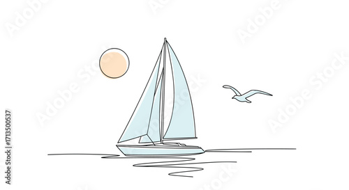 A serene sailboat glides across a calm sea under a gentle sun with a bird soaring nearby.