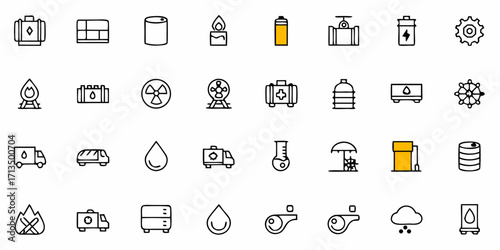 Collection of  Essential industry icons for energy, transport, and safety, symbolizing resources and services