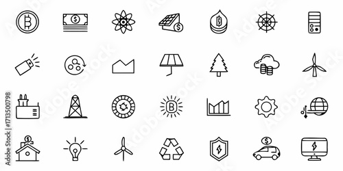 Collection of  Modern icons of finance, energy, technology, and sustainability for business and eco-friendly concepts