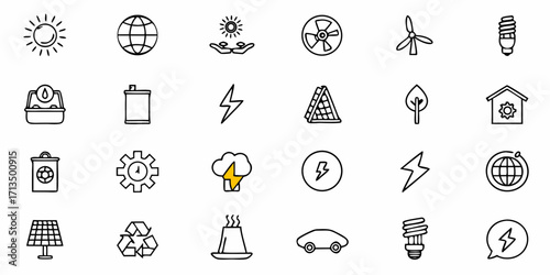 Collection of  Clean energy icons solar wind power saving bulb earth car recycling and sustainable technology