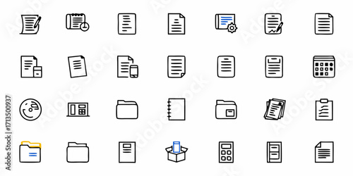 Collection of  Modern document icons for business and organization, featuring files, folders, and planning tools for digital workflows
