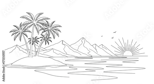 Tropical island paradise with palm trees mountains and a beautiful sunrise over the ocean.