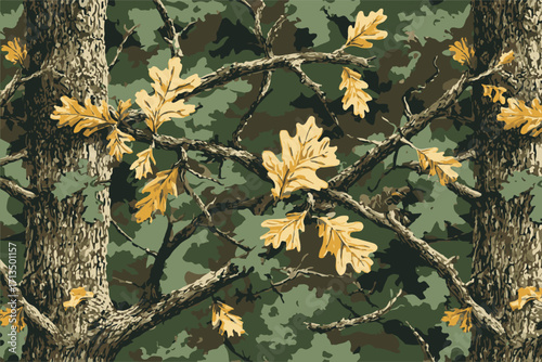 Vector camouflage pattern. Hunting camouflage seamless pattern background. Forest camo. Vector woodland camouflage. Real tree pattern.