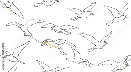 Observing the graceful flight of multiple seagulls in various dynamic poses across the sky.