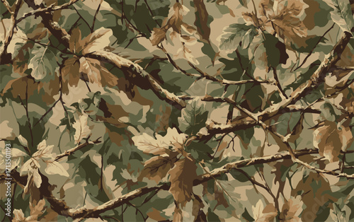 Realistic hunting camouflage seamless pattern design. Forest barks, stems, leaves camouflage background. Vector camouflage for hunting and military