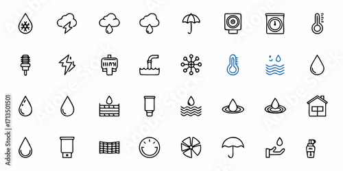 Collection of  Diverse weather and utility icons depict rain, sun, temperature, and water for modern design projects