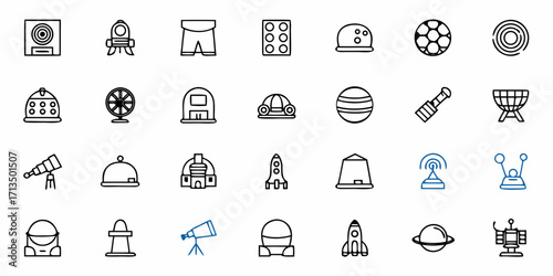 Collection of modern icons featuring rockets, planets, telescopes, and spaceships for science and technology themes