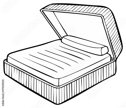 Open empty gift box or jewelry case with soft cushion inside line art illustration