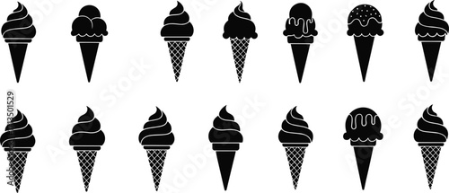 Black ice cream cone silhouettes collection, dessert vector illustration, sweet treat icons for food design, summer, cafe, menu, kitchen, bakery, restaurant themes