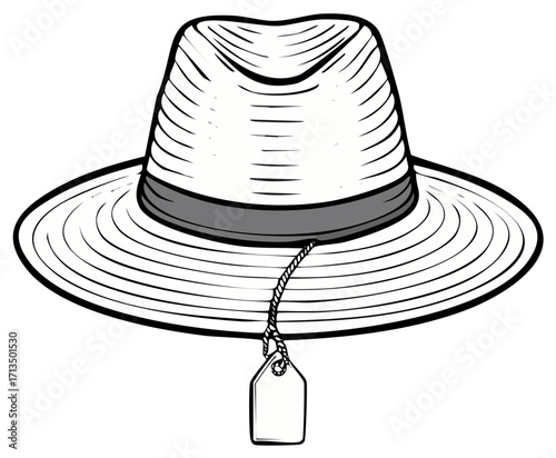 Stylish fedora hat line art with blank tag for vintage fashion and shopping concepts