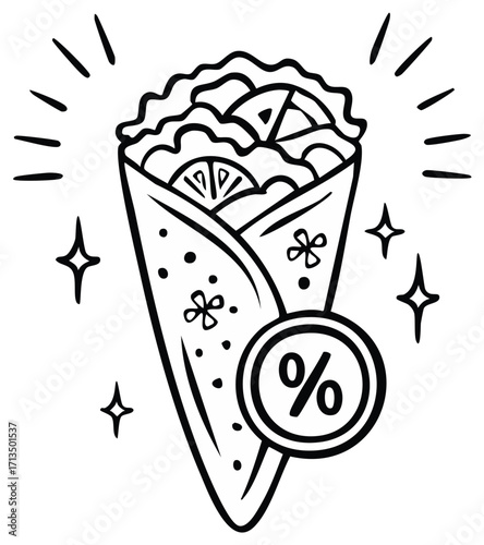 Line art of a burrito with percentage symbol promotion