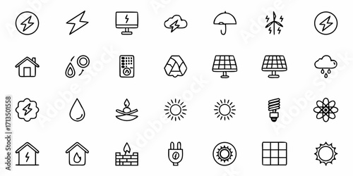 Collection of  Modern energy and sustainability icons representing clean power, renewable resources, and eco-friendly solutions.