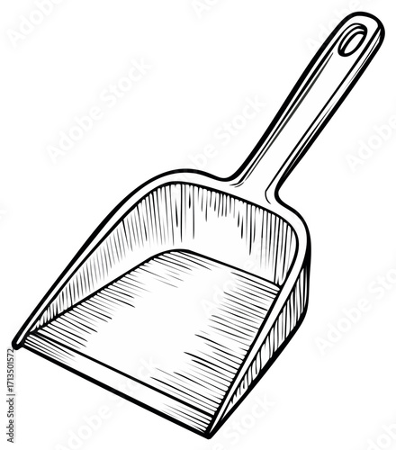 Hand Drawn Dustpan Illustration, Black and White Line Art, Cleaning Tool Sketch