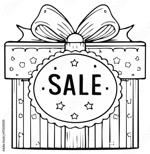 Hand drawn present box with sale oval shape and star decorations, ribbon, black and white
