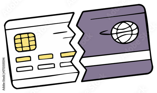 Broken credit card with chip and global symbol illustration