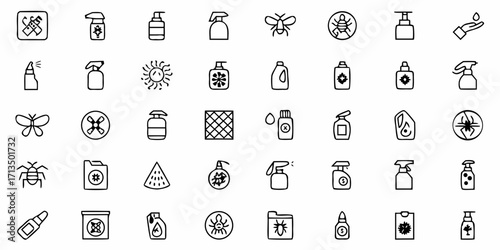 Collection of  Diverse pest control icons showing sprays, insects, and protection for modern homes and gardens.