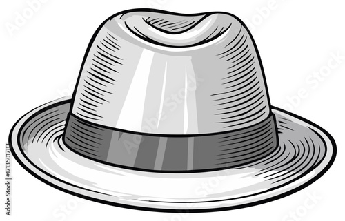 Sophisticated grey fedora hat in an elegant vintage illustration style