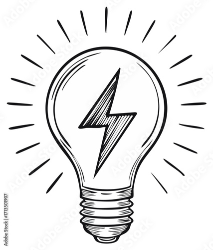 Doodle light bulb with lightning bolt and radiating lines, representing energy and ideas