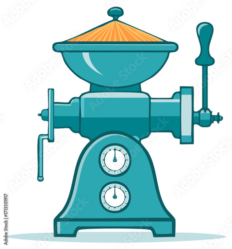 Vintage mechanical grinder with hand crank and pressure gauges vector illustration